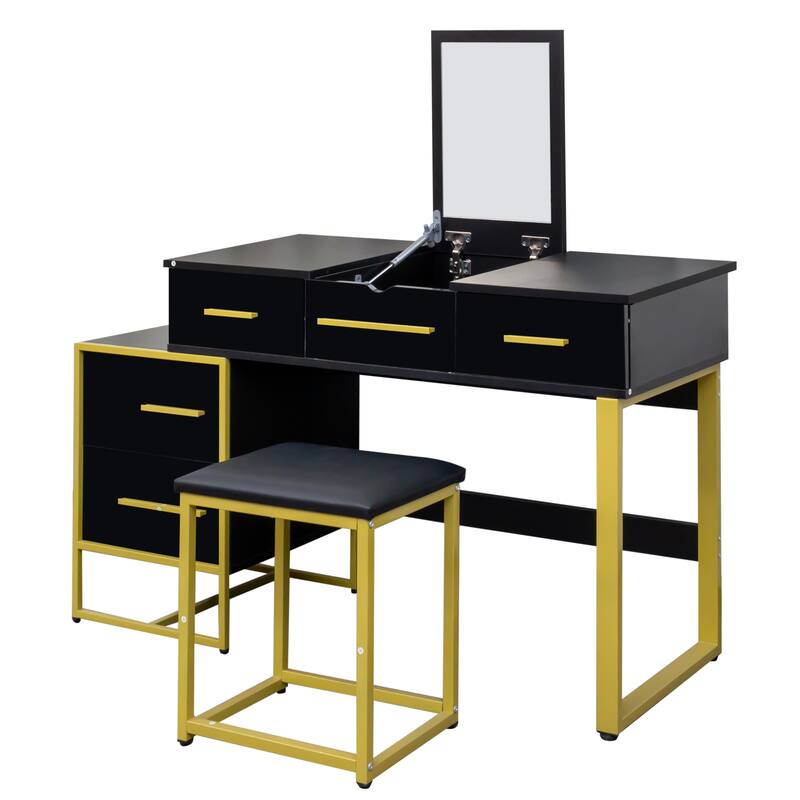 GDF Studio - Mariana Modern 29.53" Tall Makeup Vanity Set with Mirror, 4 Drawers, and Nightstand