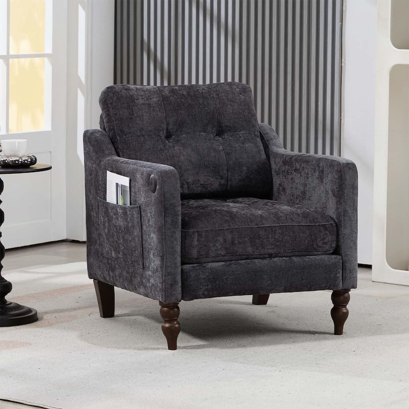 Accent Chair with USB Charging,Ergonomic Backrest,and Retro Wooden Legs