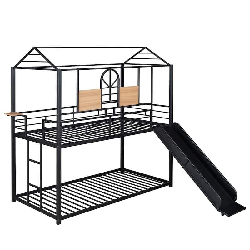 Twin Over Twin Metal Bunk Bed ,Metal Housebed With Slide,Three Colors Available.(Black with Black Slide)