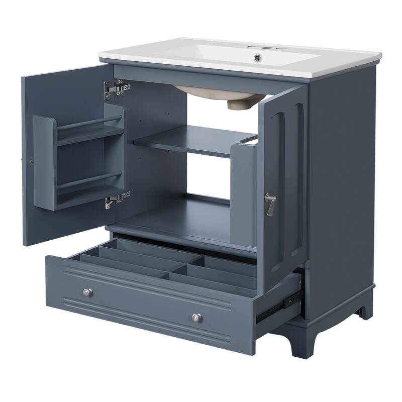 GDFStudio - Bramshire Modern Bathroom Vanity with Ceramic Sink, Solid Wood Feet, Drawer with Divider & Adjustable Shelf - 30'W