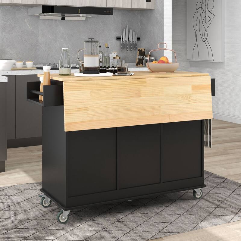 Multi-Functional Kitchen Island on Wheels with Expandable Drop Leaf, Large Storage & Sturdy Wood Surface