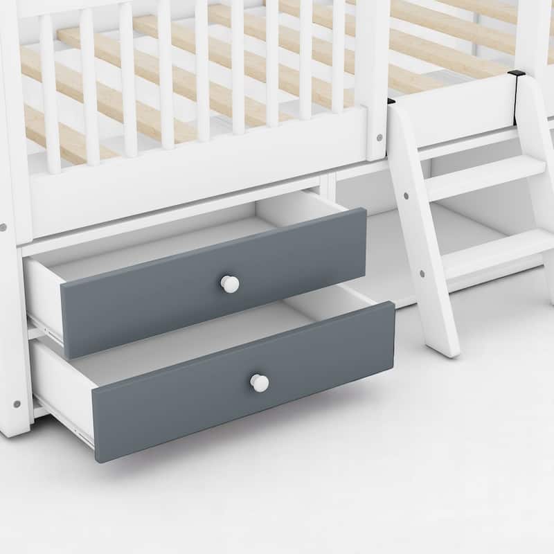 Twin/Full Size Wooden House Bed Frame with Skylight Roof, Drawers, Shelves and Ladder