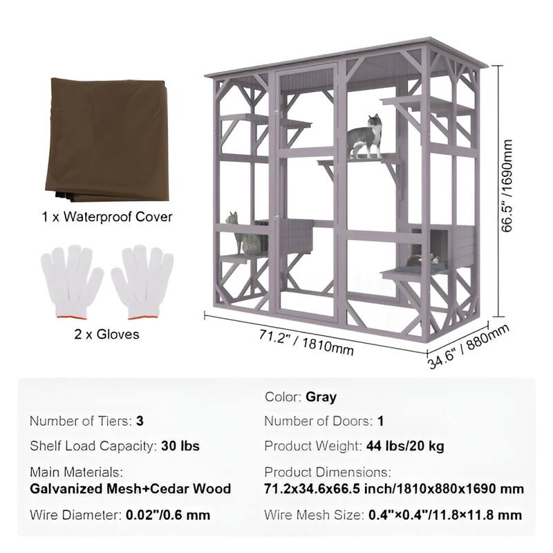 Gray Fir Wood Mesh Catio with 3 Tiers, 1 Door & Waterproof Roof