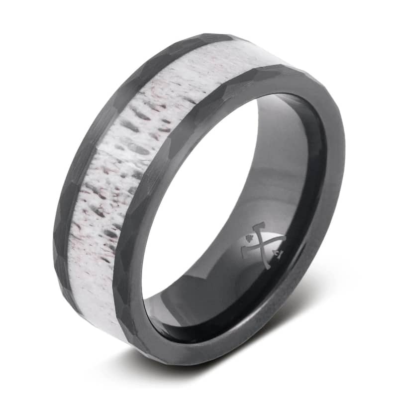 Manly Bands THE LONGHUNTER Tungsten Black Plated with Inlay 8mm Hammered Finish