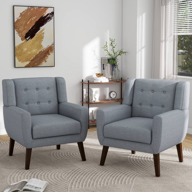 2 Set Modern Tufted Linen Upholstered Accent Chair Faux Leather Armchair - Linen - Grey Linen