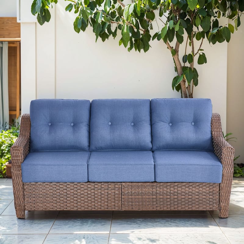 Gymojoy 75'' 3-Seat Paito Wicker Sofa with 6-Inch Ultra-Plush Cushions & Water-Resistant Olefin Fabric - Brown Wicker / Blue Cusion - 1-Piece