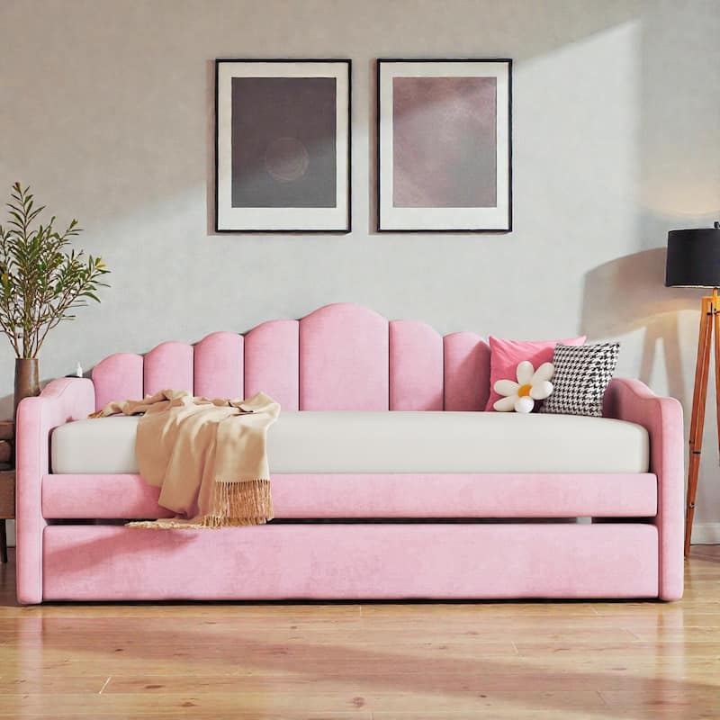 Twin Size Velvet Upholstered Daybed with Trundle, USB Charging Ports, Side Pockets, No Box Spring Required - Pink - Twin