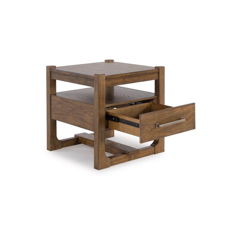 Cabal Square Side End Table, Drawer, Shelf, Light Brown Wood, 24 Inch