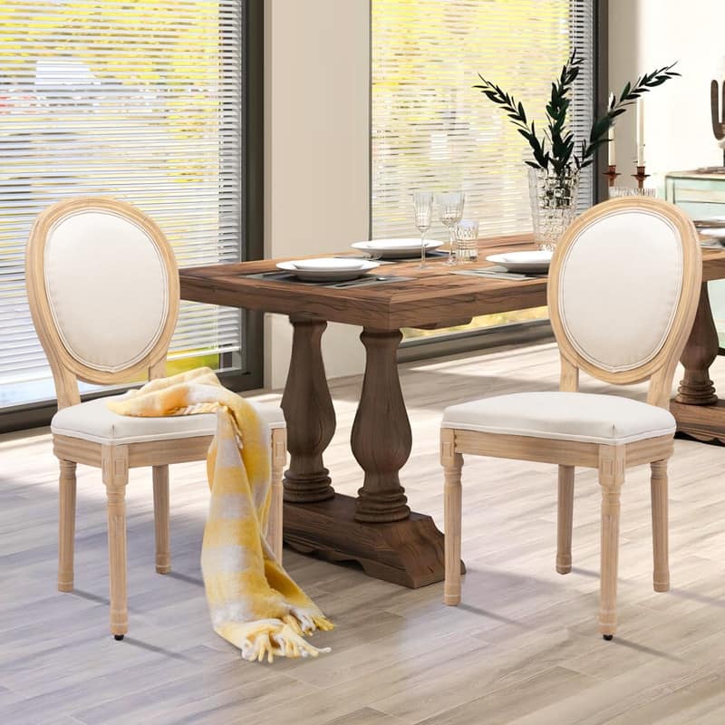 French Chair Dining Chair Solid Wood with Nailhead Trim Set of 2 - Beige Fabric Solid