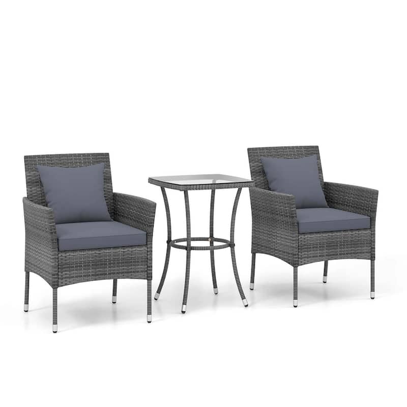 3PCS Patio Furniture Set Wicker Conversation Bistro Set w/Side Table - Grey