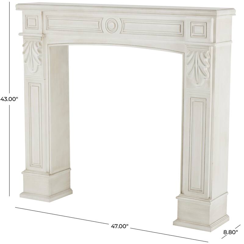 Wooden Freestanding Fireplace Mantle with Leaf Accents - White - Roche River Decor