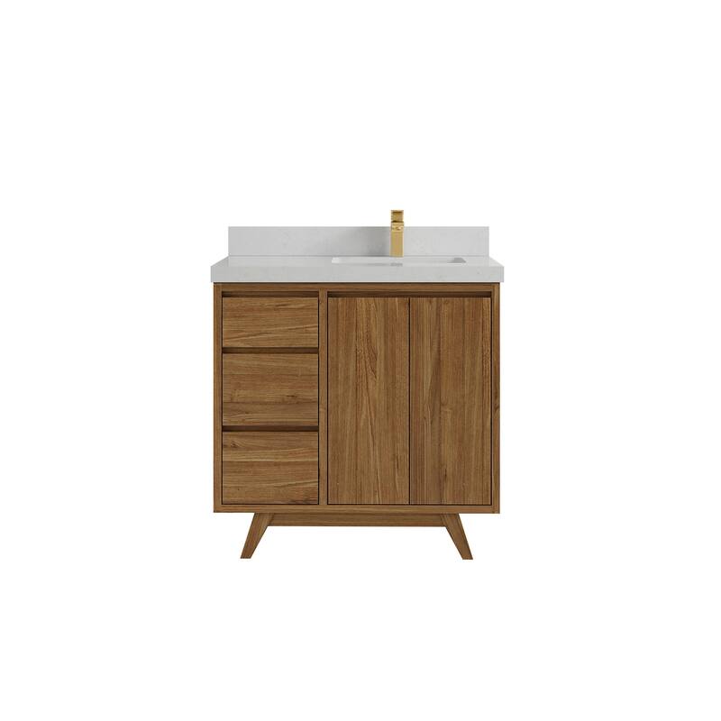 Willow Collections 36 in. W x 22 in. Madison Teak Single Right Offset Sink Bathroom Vanity with Countertop - 2"Carrara Quartz - Gold Teak