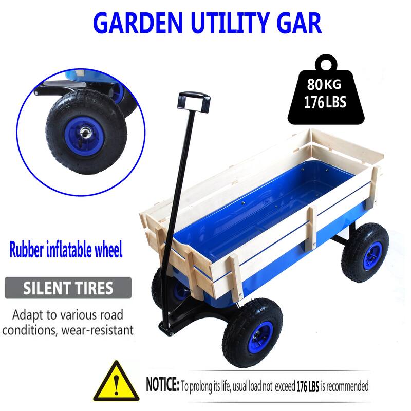 Anmytek Garden Cart Utility Wagon with Inflatable Tires Outdoor Hauler Blue Wooden