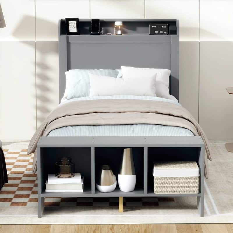 Platform Bed with Built-in Shelves,LED Light and USB Ports,Full/Twin Size - Grey - Twin