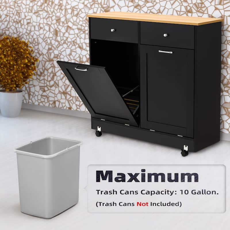 10-Gallon Double Tilt Trash Cabinet with 2 Storage Drawers - Rolling Trash Bin Cabinet with Extra Storage
