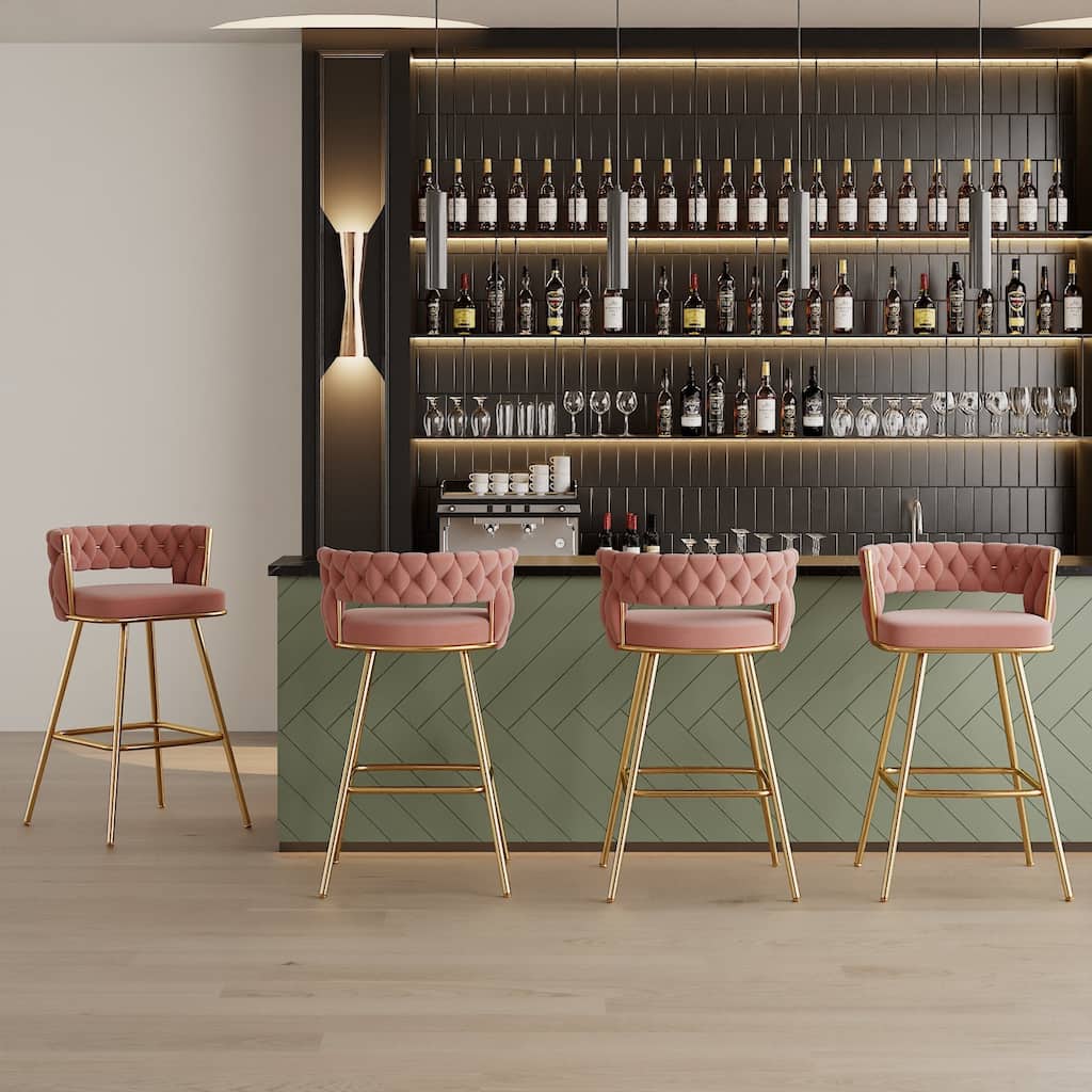 VECELO Counter Height Bar Stools with Woven Backrest 26.77" Seat Height Mid-Century Modern Upholstered Bar Chairs for Kitchen