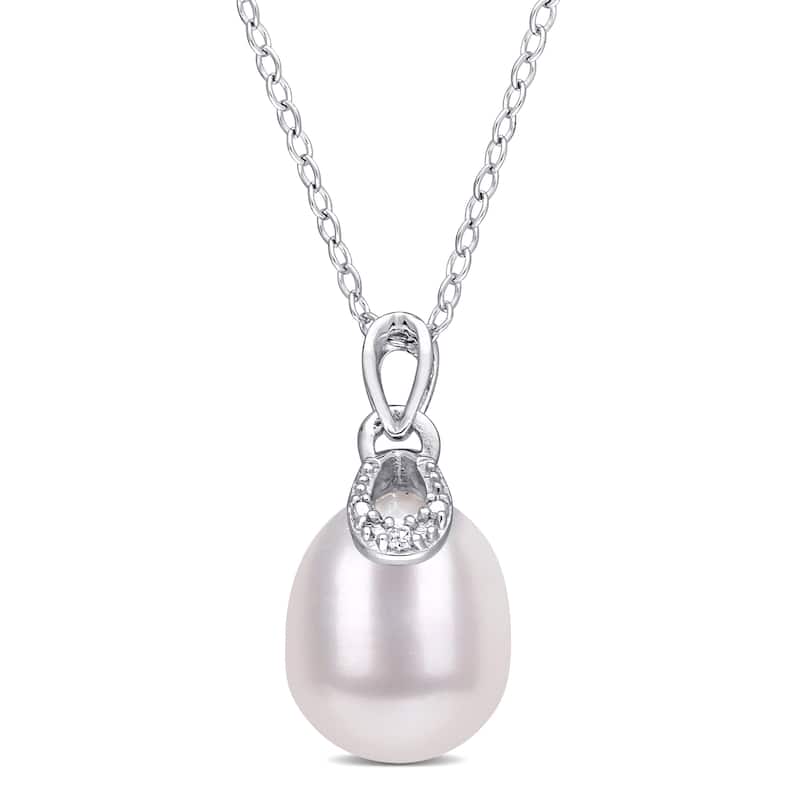 Miadora Sterling Silver Cultured Freshwater Pearl & Diamond Accent Drop Necklace (8.5-9mm)