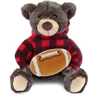 DolliBu Brown Bear Stuffed Toy w/ Red Plaid Hoodie with Football Plush - 10 inches