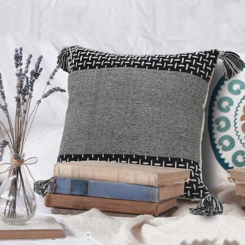 Handwoven Geometric Cotton Throw Pillow Cover - 20" - Black and White