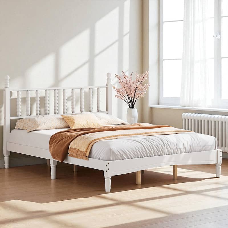 Queen Size Retro Wood Platform Bed with Gourd Shaped Headboard and Wooden Slats