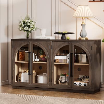 4-Door Large Storage Sideboard Buffet Cabinet with Glass Doors, Arched Cabinet with Adjustable Shelves
