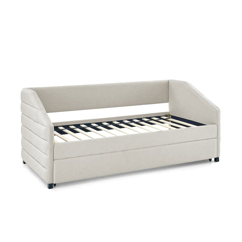 Twin Size Daybed with Trundle Upholstered Tufted Sofa Bed, Linen Fabric, Beige