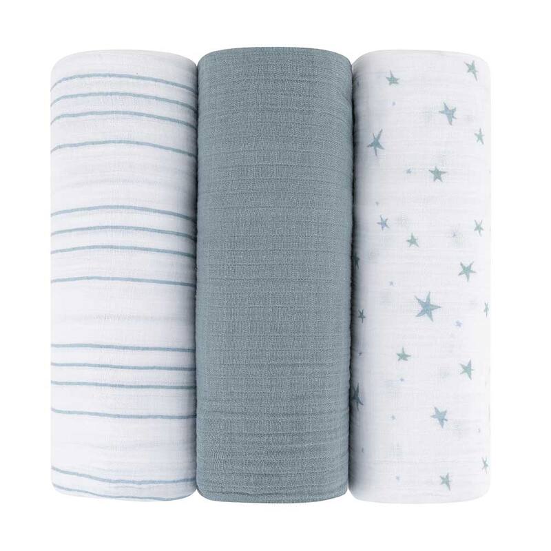 Ely's & Co. Cotton Muslin Swaddle Blanket - 3 Pack - 42"x42" - 0-24 months - Blue Stars
