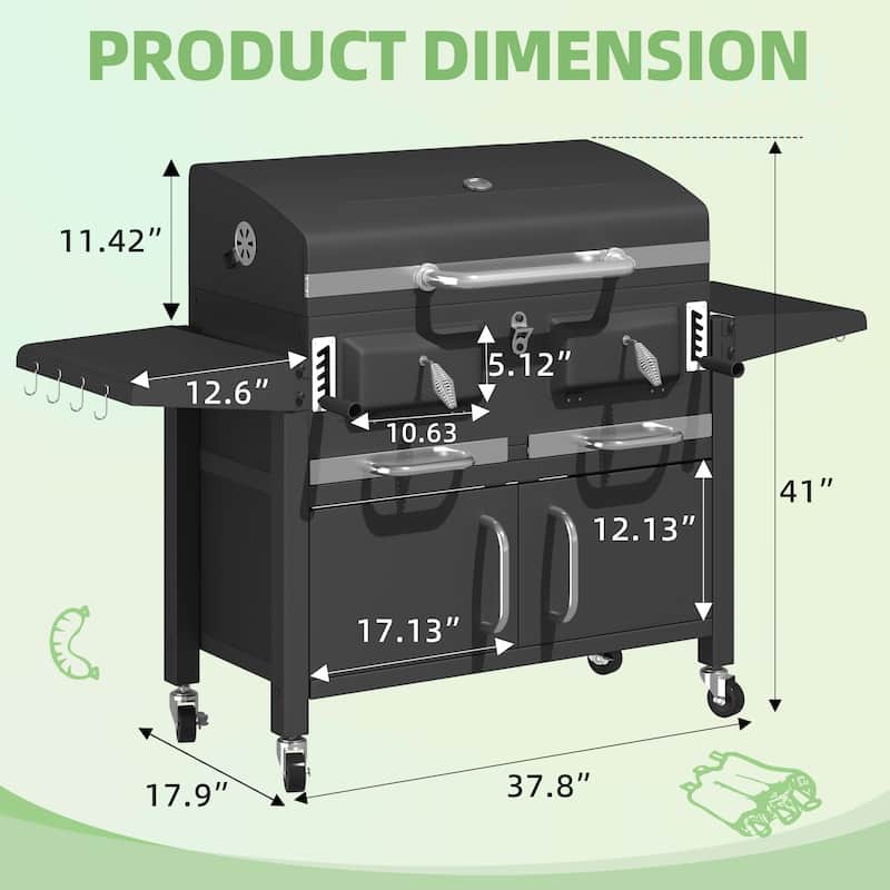Heavy-Duty Charcoal Grill with Foldable Tables, Enameled Grate, 860 Sq. In. Cooking Area, Adjustable Trays for Outdoors