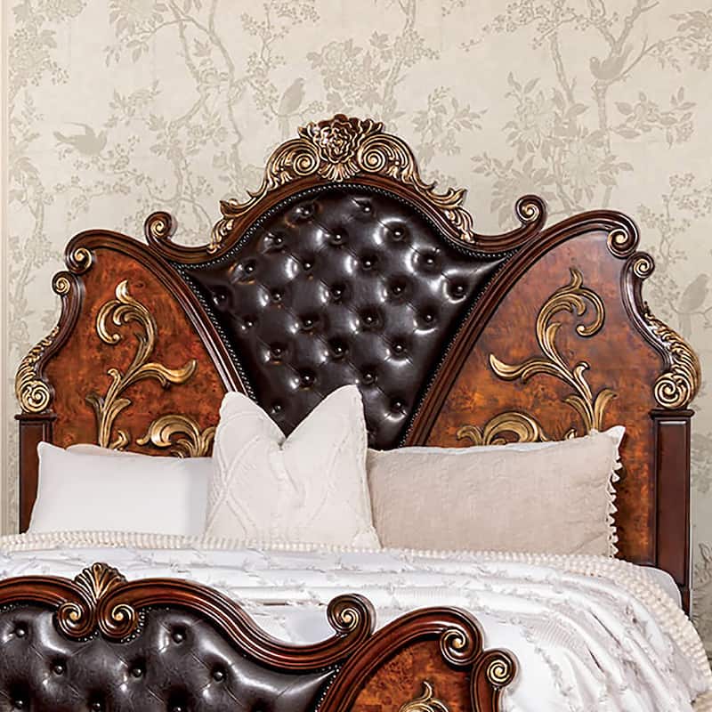 Furniture of America Cresswell Traditional 3-Piece Dark Cherry Faux Leather Tufted Panel Bedroom Set