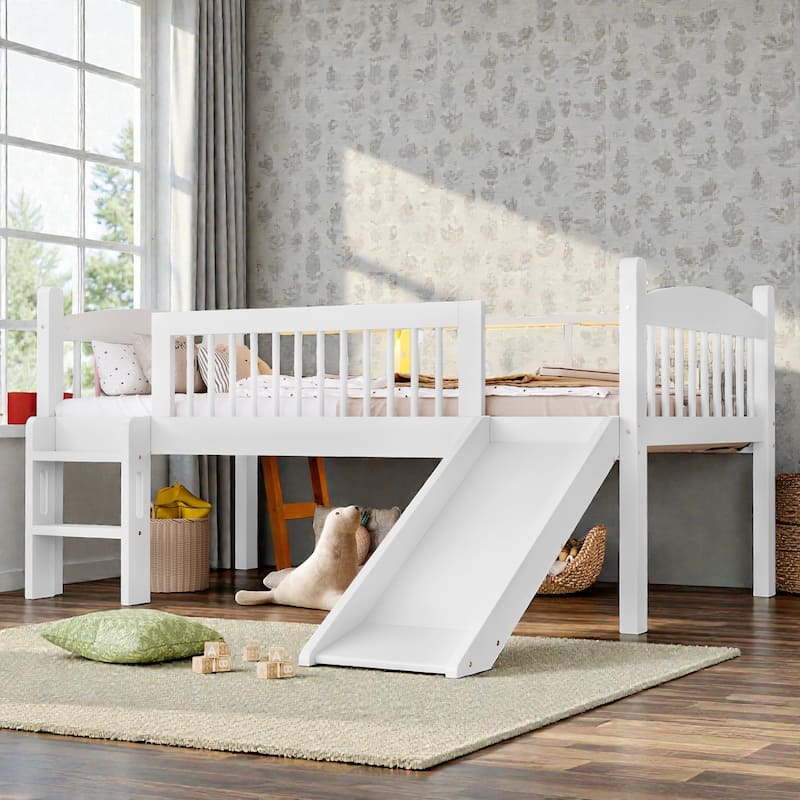 Twin XL/Twin Wood Loft Bed with Storage Shelves, LED Lights, Full-Length Guardrails & Solid Wood Frame, No Box Spring Needed