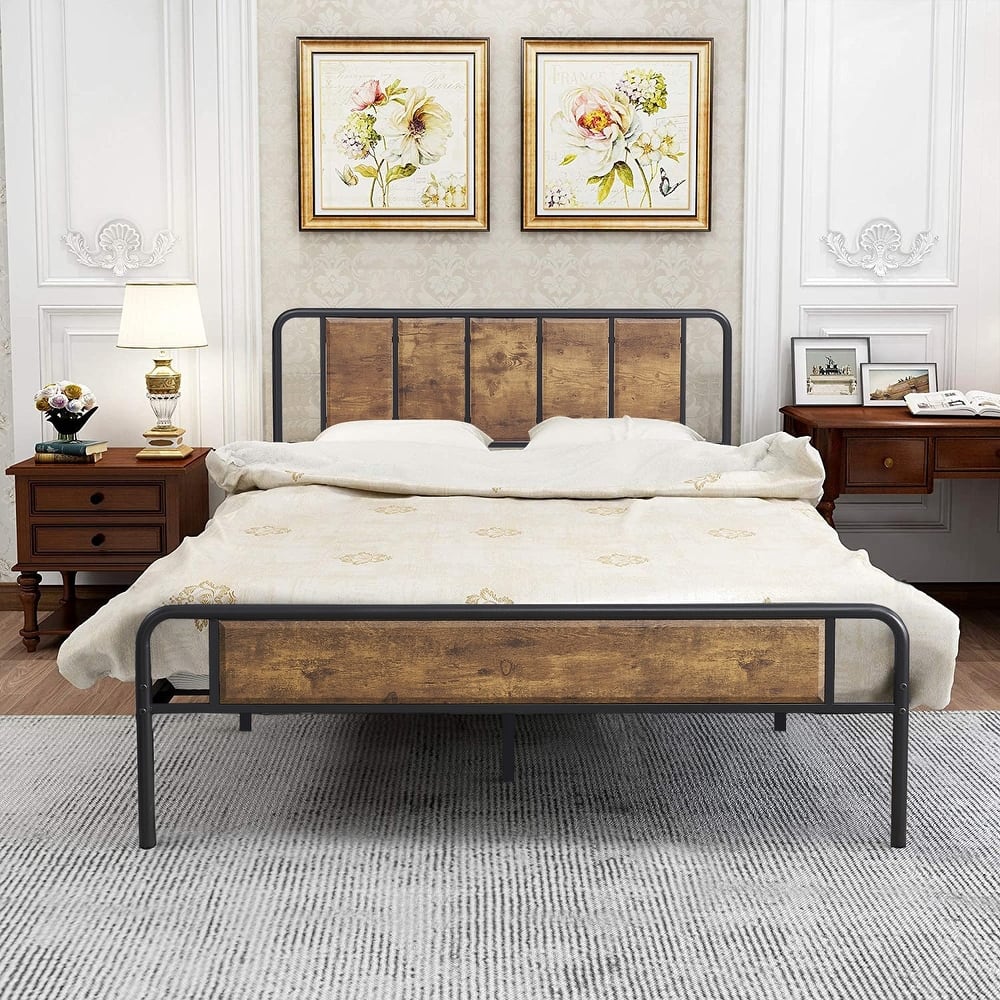 VECELO Slate Platform Bed Frame with MDF Headboard and Footboard No Box Spring Queen Size Metal Bed Frame