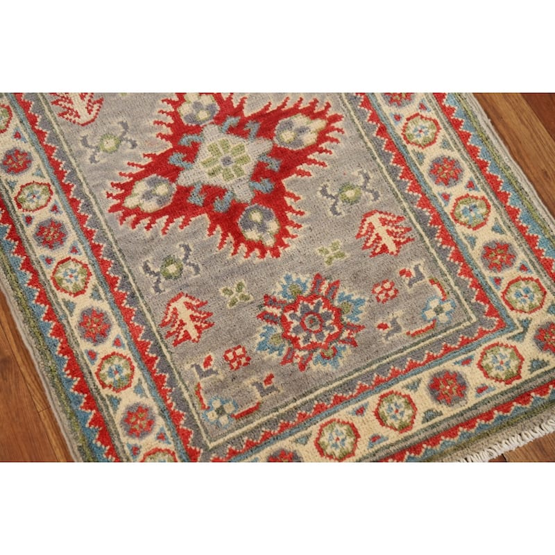 Geometric Kazak Oriental Foyer Rug Hand-Knotted Grey Wool Carpet - 2'0" x 3'0"