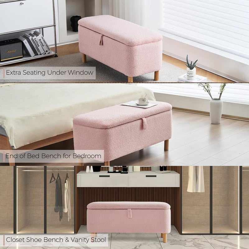 39.5" Off White Boucle Storage Ottoman Bench Sherpa Storage Bench Ottoman Foot Rest End of Bed for Living Room Bedroom,Wood Leg