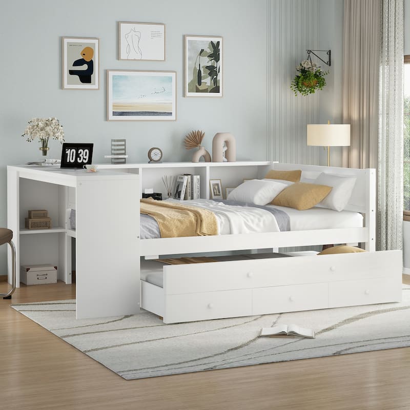 Roomfitters Twin/Full Size Wood Daybed with Trundle, Storage Drawers, Side Shelves & Built-in Desk, No Box Spring Needed