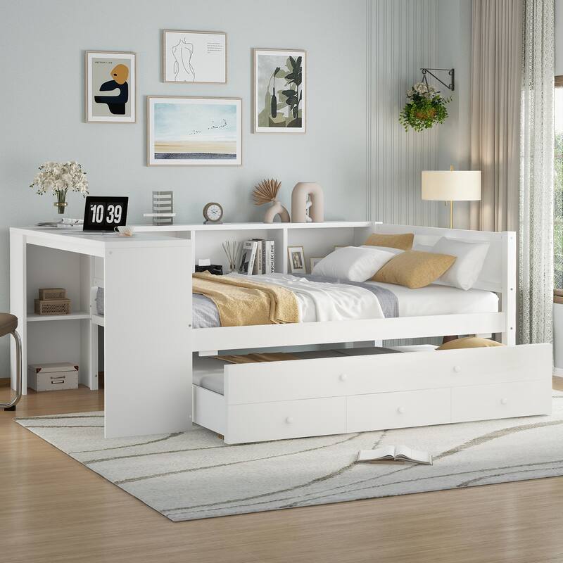Wooden Daybed Frame with Pull Out Trundle and 3 Drawers, Platform Sofa Bed with Built In Desk and Shelves, No Box Spring Needed