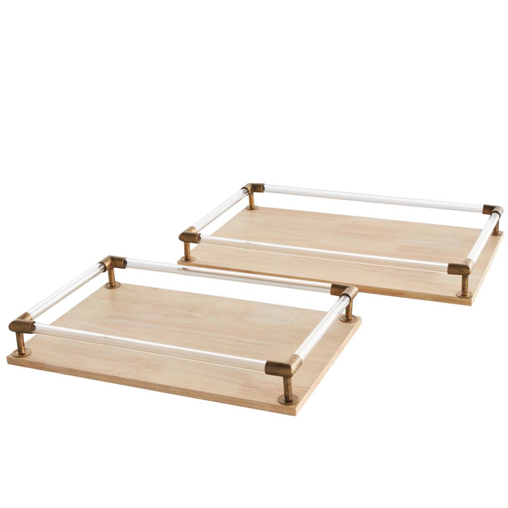 Mango Wood Tray with Copper Metal Edges and Acrylic Sides - Set of 2 Light Brown - Roche River Decor - 12"W x 19"L x 3"H