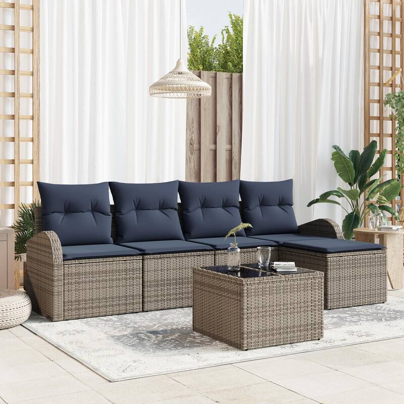 vidaXL 5/6 Garden Sofa Set with Cushions Black/Brown/Grey Poly Rattan - 92.1 x 24.4 x 27.2 - Grey with table
