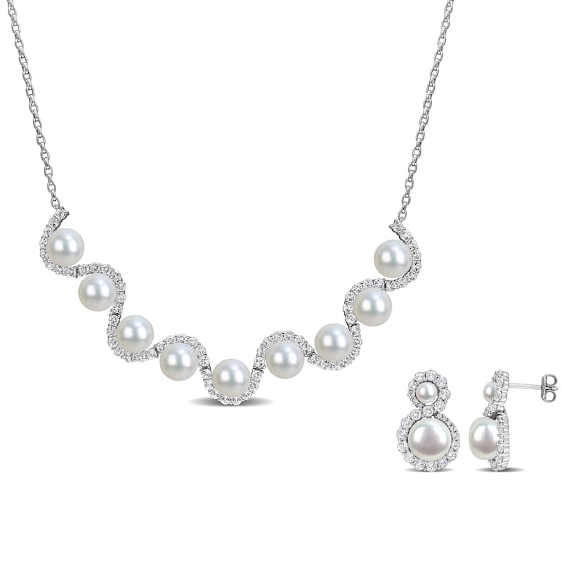 Miadora Cultured Freshwater Pearl 5.9ct TGW White Topaz Necklace Earrings Set Sterling Silver