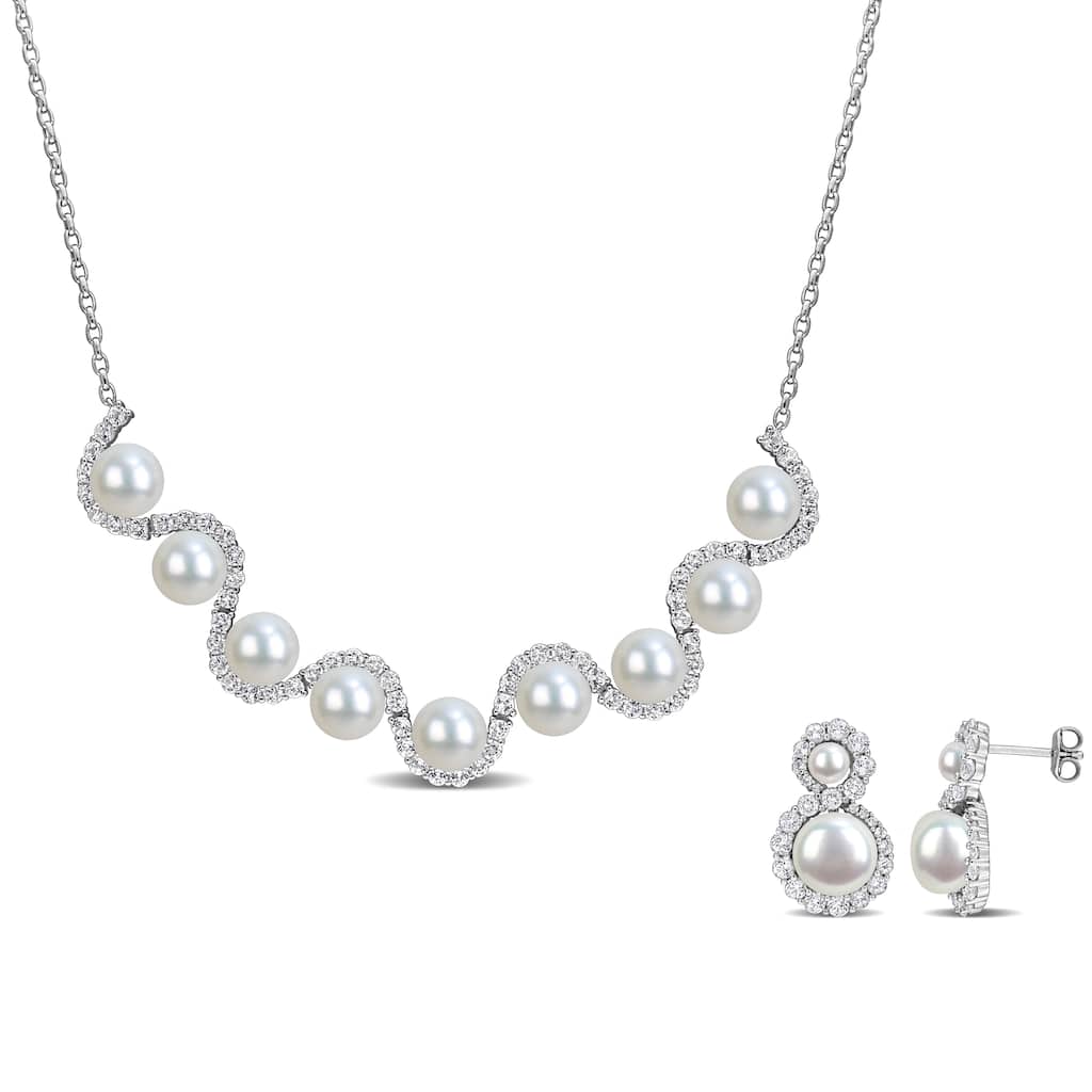 Miadora Cultured Freshwater Pearl 5.9ct TGW White Topaz Necklace Earrings Set Sterling Silver