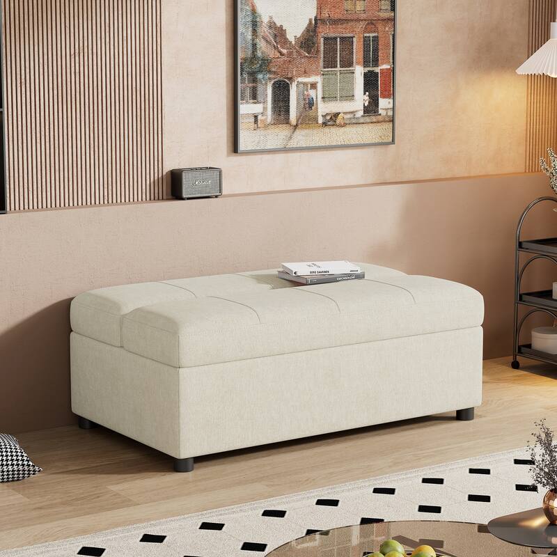 Twin Size Folding Ottoman Sleeper Bed with Mattress, White, Chenille