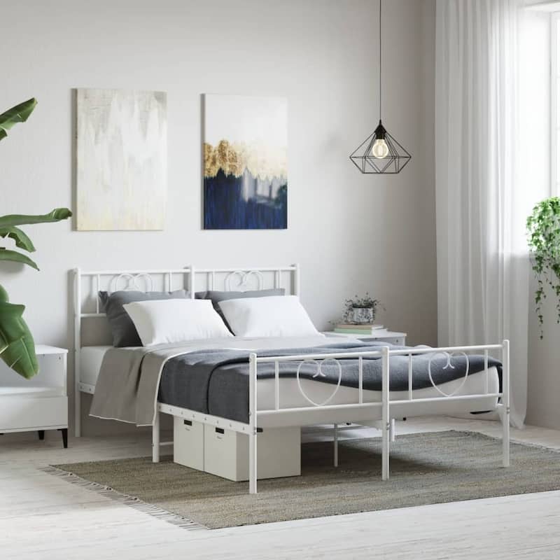vidaXL Full Metal Bed Frame with Headboard, White, No Mattress - 77.2" x 55.9" x 35.4"