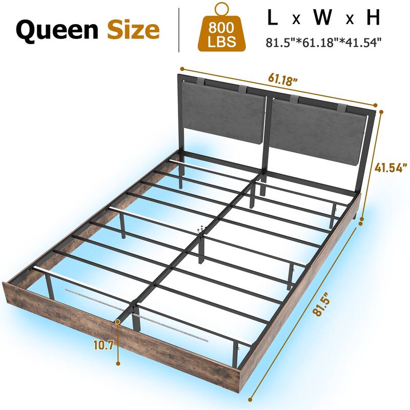 Floating Bed Frame with LED Lights, Hanging Upholstered Headboard No Box Spring Needed,Queen Size