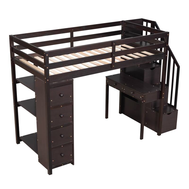 Twin Size Loft Bed with Storage, Desk, Stairs, and Shelves in Espresso Finish