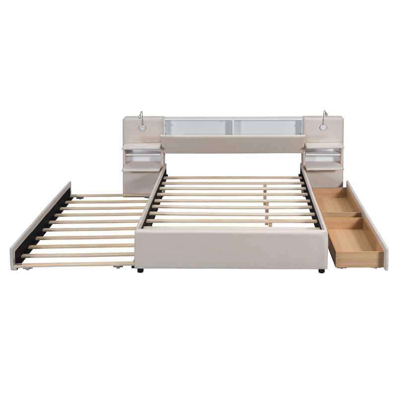 Queen Size Upholstered Platform Bed with Reading Lights, Drawers, Trundle and Shelves