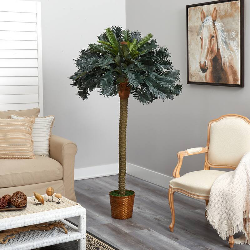 Sago Palm Tree 6Ft - Artificial Silk Tropical Plant with Decorative Pot - Home Office Decor - 6ft.