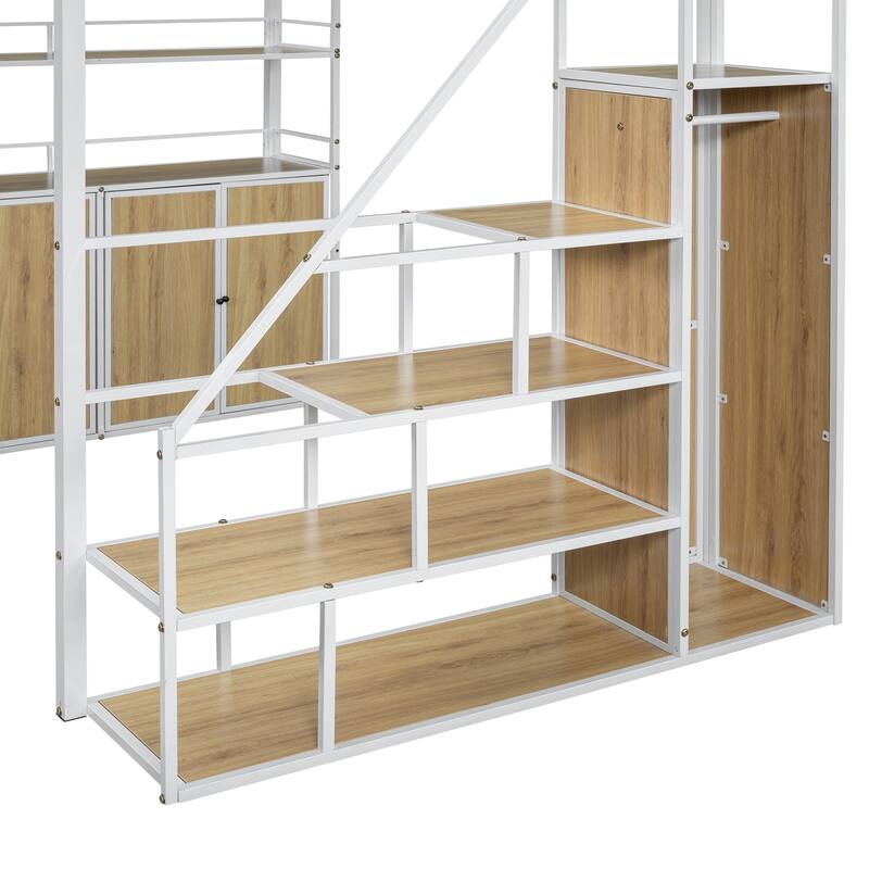 Full Size Metal Loft Bed with Storage Staircase, Wardrobe, Shelves and Lockers