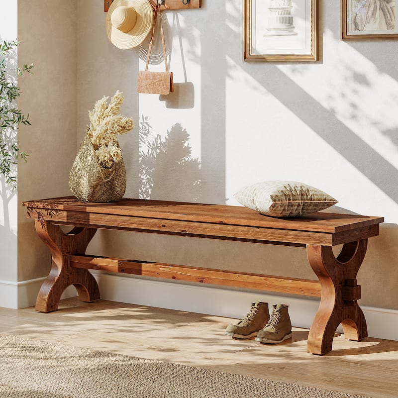 Solid Wood Entryway Bench, 55-Inch Farmhouse Indoor Bench