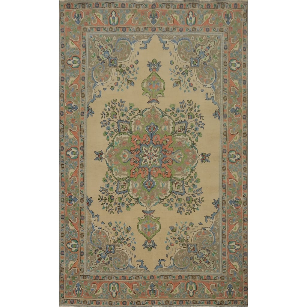Hand Knotted Oriental 100% Wool Carpet Traditional Floral Beige & Ivories Tabriz Area Rug - 9' 11'' X 6' 7''