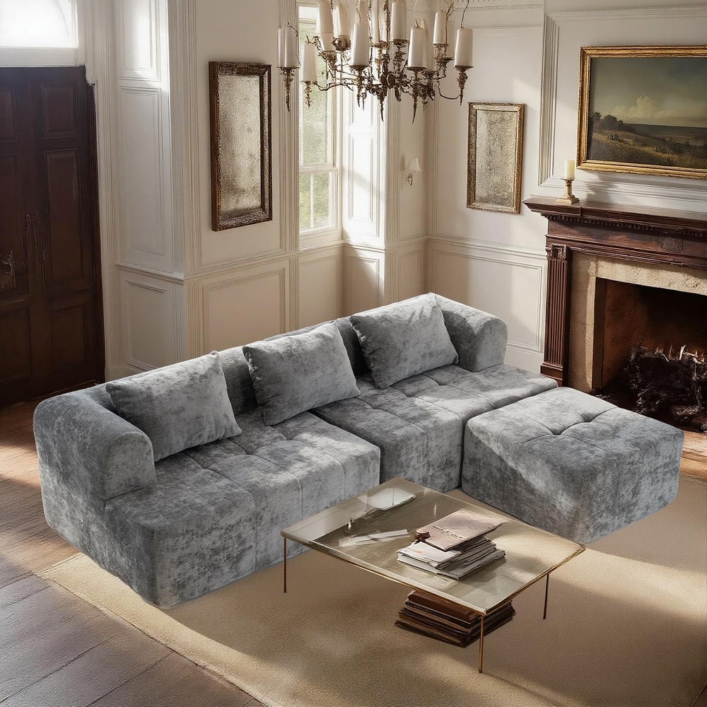 Chenille L Shaped Couch Boneless Couches for living room Tufted Sectional with Ottoman Modern Cloud Sofa