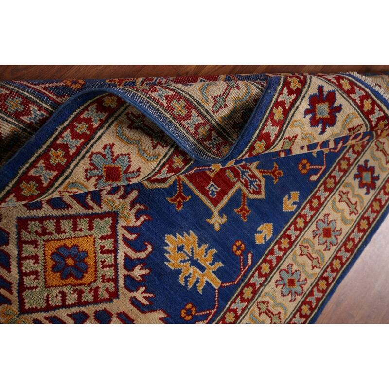 Blue Geometric Kazak Accent Rug Hand-Knotted Oriental Wool Carpet - 3'5" x 4'11"